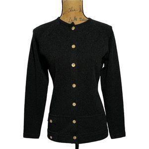 Talbott Travler VTG Cardigan Lady Sweater Dacron Knit S M‎ Solid Black Dacron